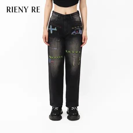 RIENYRE裤子女2023秋冬新款美式复古风百搭宽松高腰直筒牛仔长裤商品大图