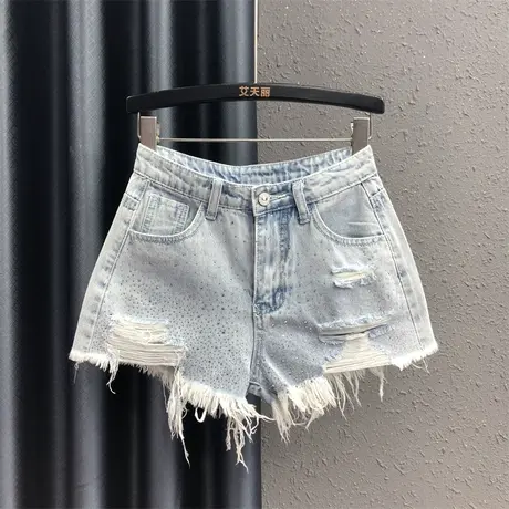 洋气重工烫钻牛仔短裤欧货25女夏新款高腰显瘦毛边破洞a字阔腿裤商品大图