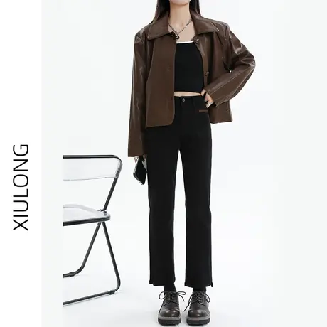 黑色高腰直筒牛仔裤女春秋季2023年新款显瘦小个子九分阔腿烟管裤商品大图