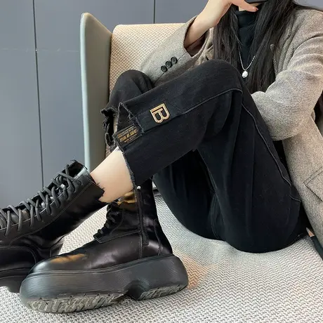 加绒直筒牛仔裤女黑色2023年秋冬新款高腰修身显瘦不规则烟管裤潮商品大图