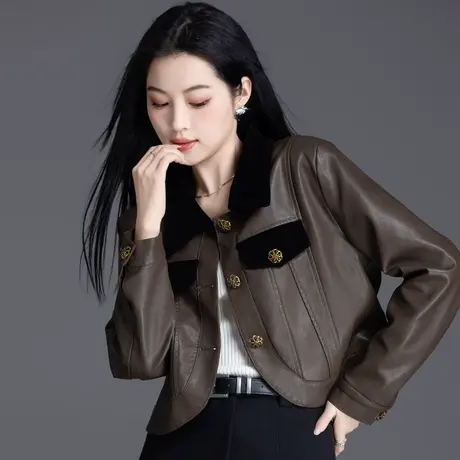棕色美拉德皮衣外套女2023新款爆款短款上衣小个子小香风pu皮夹克图片