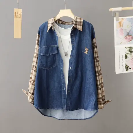 2024年新款秋装上衣格子拼接牛仔衬衣长款宽松休闲衬衫外套女春秋图片