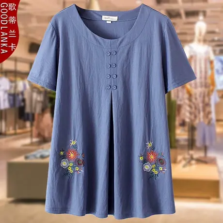 中年妈妈夏装t恤裙大码宽松洋气民族风刺绣中长款休闲短袖T恤上衣商品大图