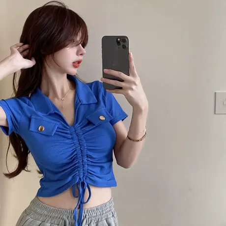 美式辣妹短款设计感抽绳短袖t恤女大码胖mm微胖甜酷女孩穿搭上衣商品大图