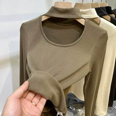 设计感镂空挂脖加薄绒长袖T恤女2022秋冬新款洋气内搭打底衫上衣商品大图