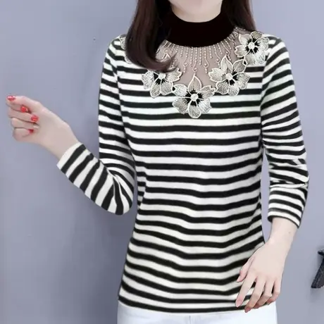 条纹棉长袖t恤女早春秋新款中年妈妈大码宽松显瘦遮肚子打底衫商品大图