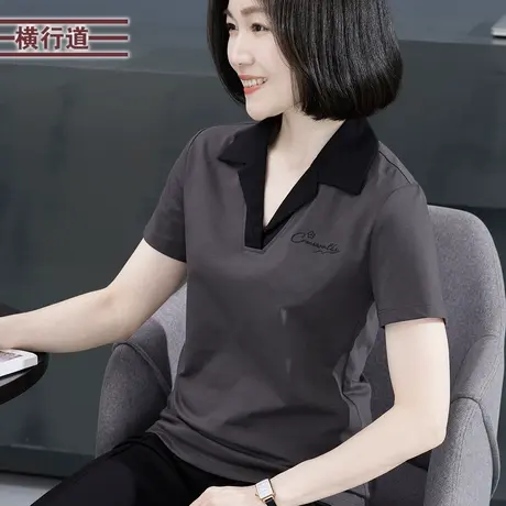 2025新款夏装翻领撞色绣花宽松短袖T恤女装棉质纯色大码妈妈上衣商品大图