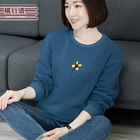 春装圆领刺绣花外穿长袖上衣2024新款黑色休闲妈妈装卫衣女装大码图片