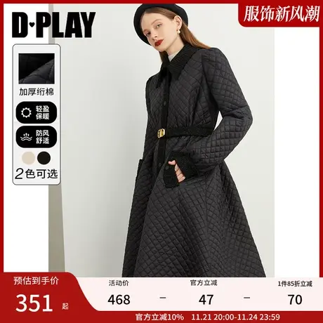 DPLAY秋装新气质通勤风亮丝粗花呢拼接菱格棉服长款大摆外套商品大图