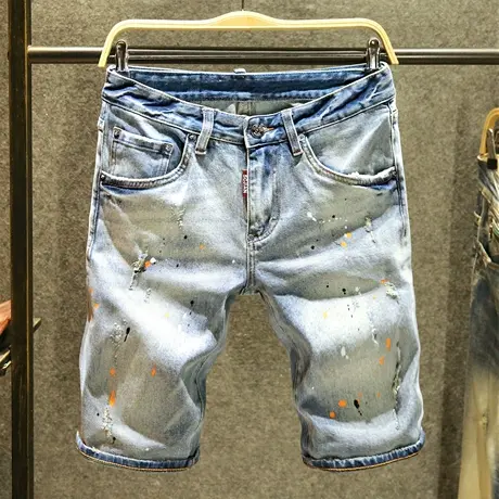 夏季潮流泼墨牛仔短裤男宽松直筒中裤男士ins潮牌破洞帅气五分裤商品大图