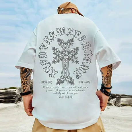 oversize美式重磅潮牌胖子男装大码国潮嘻哈宽松短袖T恤五分半袖图片