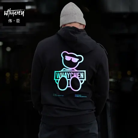 伟臣春秋新款加肥加大码连帽卫衣男胖子男装夜光反光印花肥佬上衣商品大图