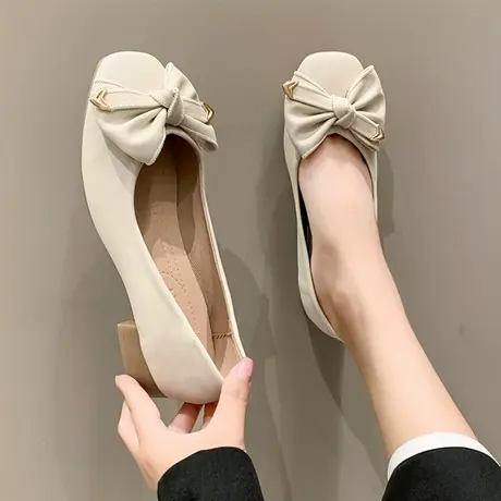 网红平底单鞋女2023夏季新款百搭浅口蝴蝶结仙女鞋温柔方头豆豆鞋商品大图