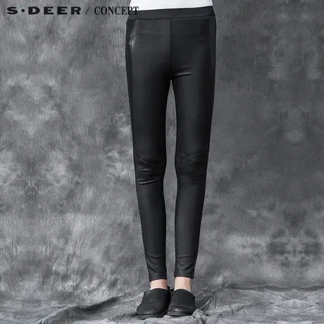 sdeer圣迪奥2017冬装女裤酷感皮质拼接松紧长裤S15480843商品大图