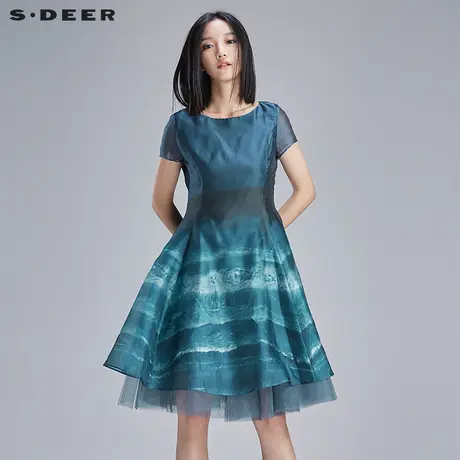 sdeer圣迪奥氤氲碧水印花双层网纱高腰连衣裙女S16281277图片