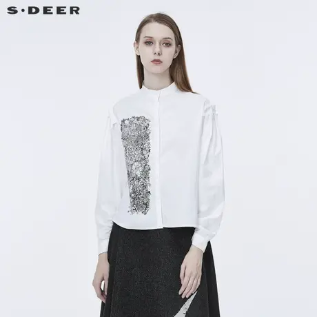 sdeer圣迪奥女装圆领印花抽褶通勤长袖白色棉质衬衫S20380513图片