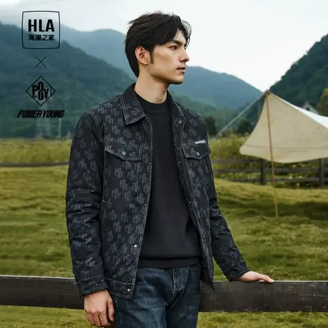 HLA/海澜之家时尚翻领羽绒服2023秋冬牛仔风花纹保暖外套男图片