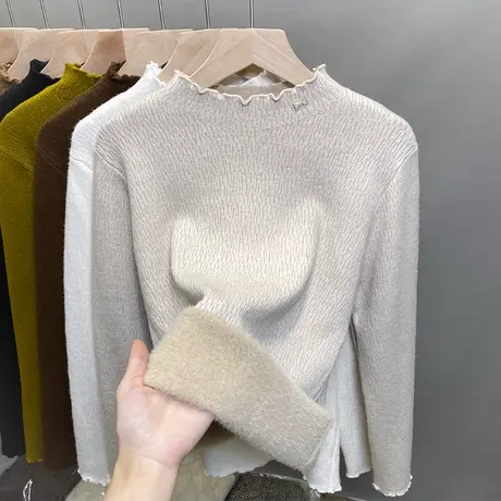一体绒半高领毛衣女加绒加厚打底衫2023秋冬新款针织衫内搭上衣潮商品大图