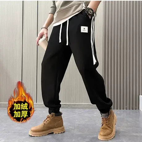秋冬2023加绒男裤时尚贴标设计感宽松加厚束脚条纹运动休闲裤卫裤商品大图