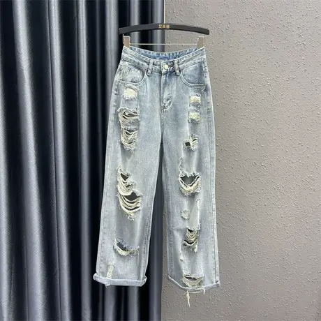 网红同款破洞乞丐裤女2023春季新款高腰宽松显瘦直筒裤牛仔拖地裤商品大图