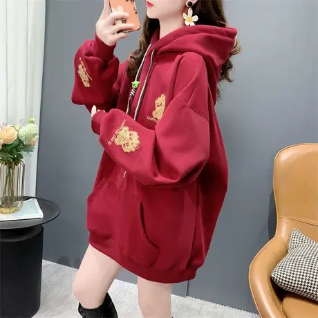 新年红色加绒加厚连帽卫衣女2023年新款秋冬宽松爆款洋气减龄外套商品大图
