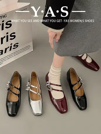 时尚百搭春秋季复古方头漆皮玛丽珍鞋韩版一字扣浅口平底单鞋ins商品大图