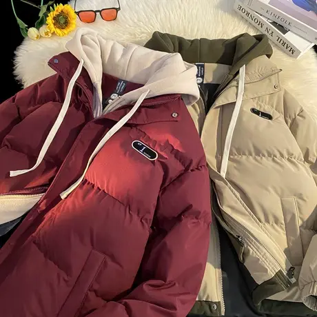 假两件棉服男冬季港风外套ins情侣款加厚连帽棉衣潮流ins贴标棉袄图片