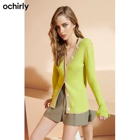 ochirly欧时力 羊毛针织毛衣开衫女新款秋冬撞色贝扣外套商品大图