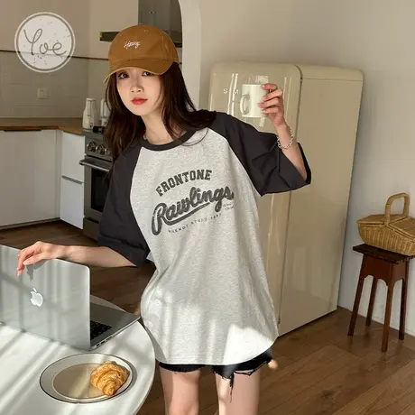 yoe美式复古撞色拼接oversize遮屁股显瘦女装短袖t恤女纯棉上衣女商品大图