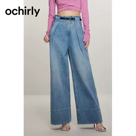 阔腿新疆棉牛仔长裤女 ochirly欧时力2024新款早春腰带磨白休闲图片