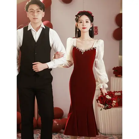 鱼尾敬酒服新娘2023新款平时可穿修身订婚礼服女夏季红色连衣裙商品大图