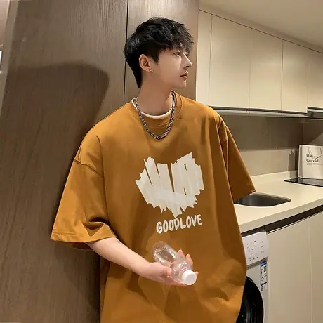 2023年夏季宽松纯棉爱心印花短袖T恤男潮牌时尚潮流情侣休闲打底商品大图