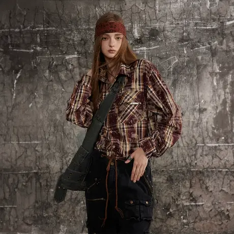 美式街头潮牌复古格子衬衫女2024春季新款情侣装宽松oversize衬衣图片