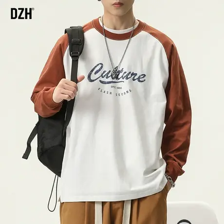 男士美式长袖t恤男春季2024年新款插肩袖上衣纯棉圆领打底衫内搭商品大图