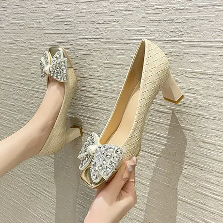 粗跟单鞋女2024年春秋季百搭新款方头蝴蝶结水钻法式高跟鞋不累脚图片