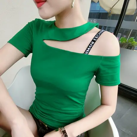 2024新款潮性感漏肩t恤女短袖夏装时尚气质心机上衣纯棉丅恤女装商品大图