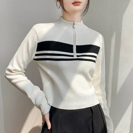 拉链半开领长袖针织衫女装2024春季新款条纹宽松休闲羊毛毛衣外套商品大图