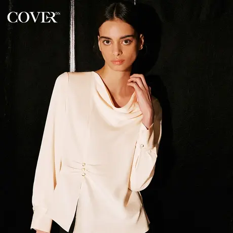 COVER2023秋季荡领捏褶立裁醋酸衬衫图片