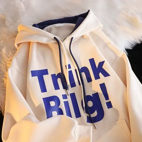 假两件设计感字母连帽卫衣女秋冬季加绒加厚宽松bf慵懒风大码外套商品大图