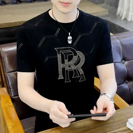 欧洲站高端烫钻短袖t恤男夏季潮牌冰丝薄款体恤半袖凉感针织上衣商品大图