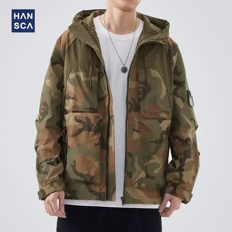 hansca秋季迷彩工装连帽夹克男士潮流痞帅冲锋衣美式休闲宽松外套商品大图