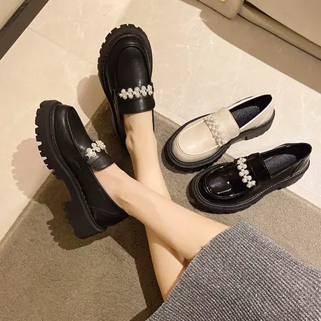黑色厚底珍珠复古小皮鞋女2024新款夏季英伦风乐福鞋法式百搭单鞋商品大图