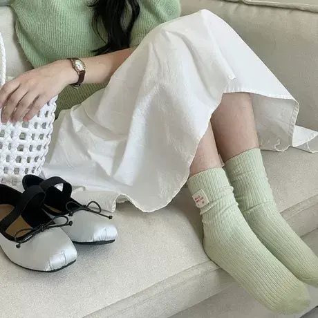 袜子女春夏薄款日系原宿风jk竖纹布标无骨袜少女简约情侣款堆堆袜商品大图