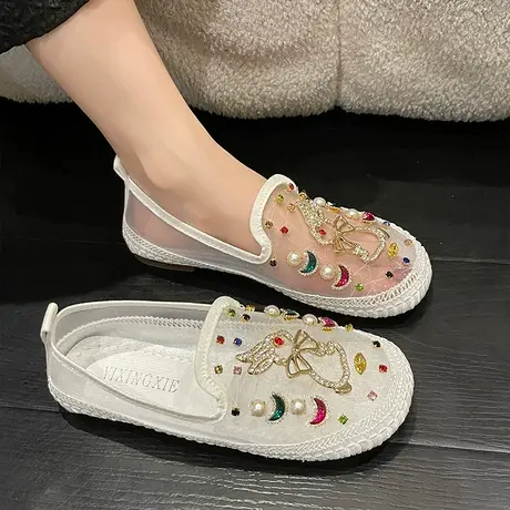 渔夫单鞋夏季网面透气水钻凉拖鞋平底豆豆鞋韩版百搭一脚蹬乐福鞋图片