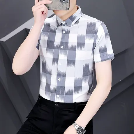 短袖设计拼色格子纯棉衬衫男高级感痞帅潮牌夏季薄款半袖休闲衬衣商品大图