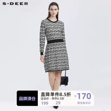 sdeer圣迪奥复古时尚圆领提花拼接针织长袖连衣裙S21161221图片