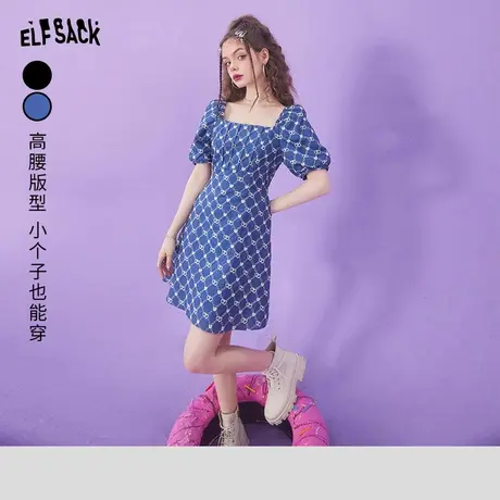 【新款】妖精的口袋法式方领泡泡袖连衣裙女2022夏季收腰显瘦裙子商品大图