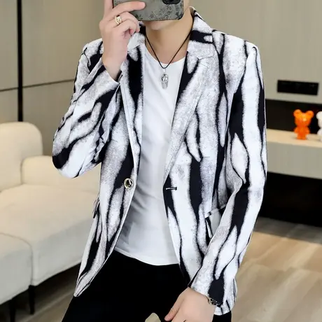 春秋季复古休闲西服男士帅气男装上衣发型师个性印花小西装外套潮商品大图