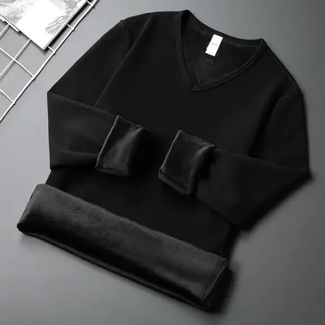 长袖t恤男装V领加绒加厚秋冬保暖内搭打底衫潮牌潮流纯色黑色秋衣商品大图