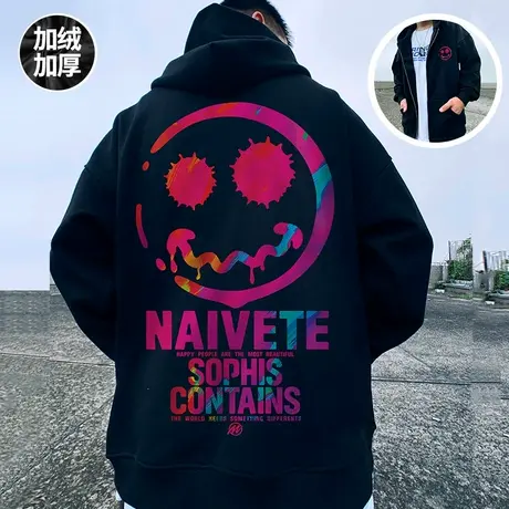 开衫连帽小恶魔卫衣男潮胖子潮牌拉链大码男装外套春秋季加绒加厚商品大图